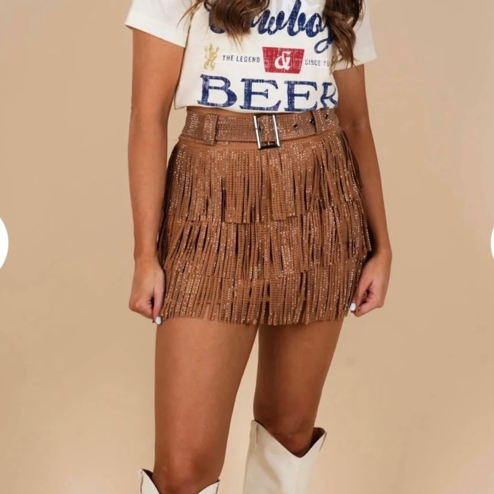 Size medium camel color fringe & rhinestone skort with belt!